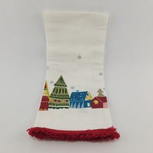 Pier 1 Imports Christmas Tea Towel MCM Village Red Fringe Cotton
